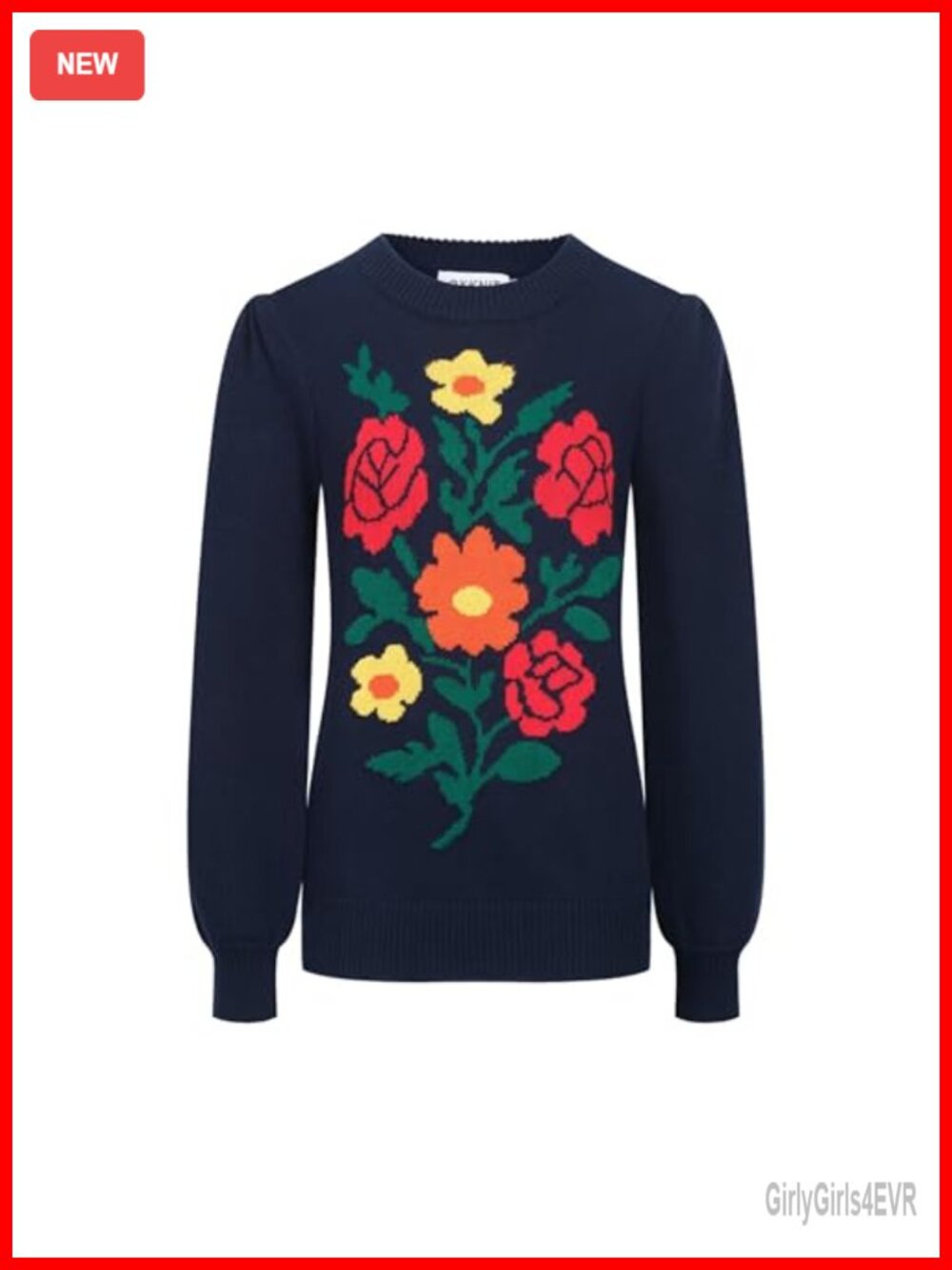 Women's Knit Long Sleeve Crewneck Floral Pullover Sweater Retro Bubble Sleeve